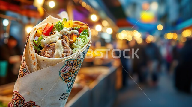 Arabic shawarma sandwich stuffed with fresh vegetables in a popular market, recipes for delicious hot dishes, a protein-rich meal, delicious oriental food meals, the art of serving food in restaurants in the Kingdom of Saudi Arabia