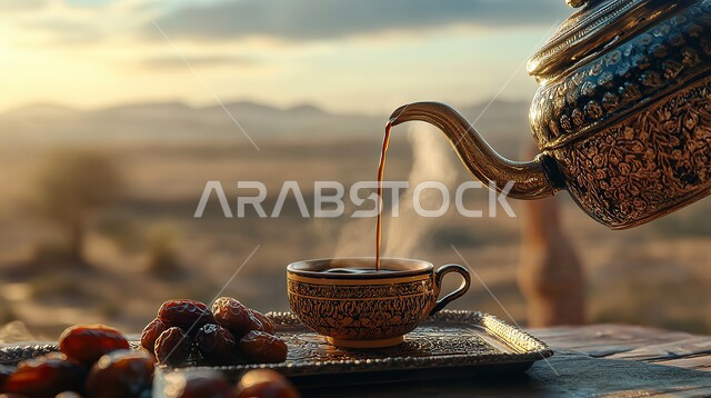 Local national products, a pot and a cup of Arabic coffee and a plate of delicious dates on a wooden table in the desert, enjoying hot drinks in the desert nature, traditional Arabic hospitality