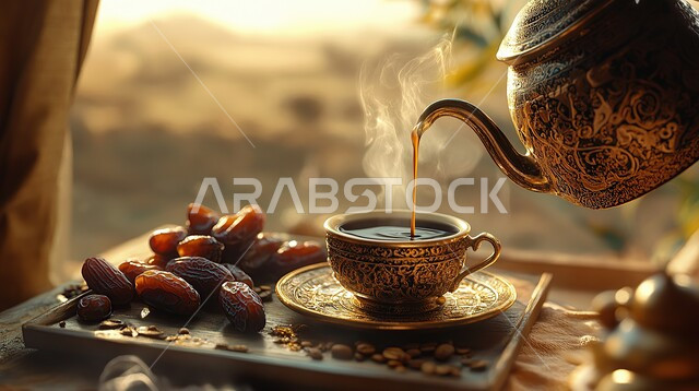 منتجات محلية وطنية، ابريق وفنجان قهوة عربية وطبق من التمر الشهي على طاولة خشبية في الصحراء، الاستمتاع بالمشروبات الساخنة في الطبيعة الصحراوية, ضيافة عربية تقليدية