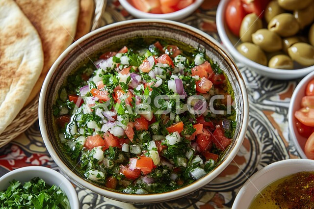 طبق من سلطة الخضار الشهية، وجبات غذائية صحية، مأكولات شرقية لذيذة، المقبلات العربية الباردة، الأساليب الفنية في تقديم الطعام في مطاعم ومطابخ السعودية, تبولة طازجة مع الطماطم والبقدونس والبصل