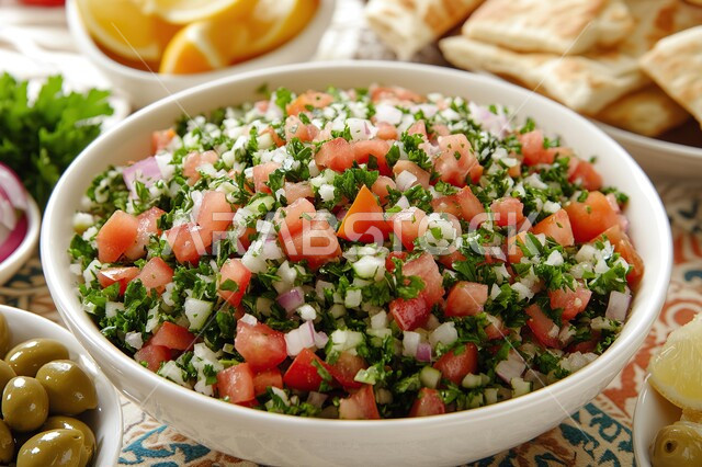 تبولة طازجة مع الطماطم والبقدونس والبصل, طبق من سلطة الخضار الشهية، وجبات غذائية صحية، مأكولات شرقية لذيذة، المقبلات العربية الباردة، الأساليب الفنية في تقديم الطعام في مطاعم ومطابخ السعودية