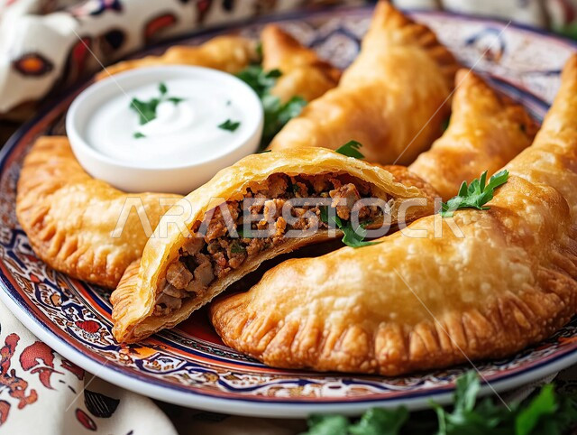 فطائر محشوة باللحم والخضروات مع صلصة كريمة على طبق مزخرف. وصفات الأطباق الشهية الساخنة, وجبات الأطعمة الشرقية اللذيذة, الأساليب الفنية في تقديم الطعام في مطاعم المملكة العربية السعودية