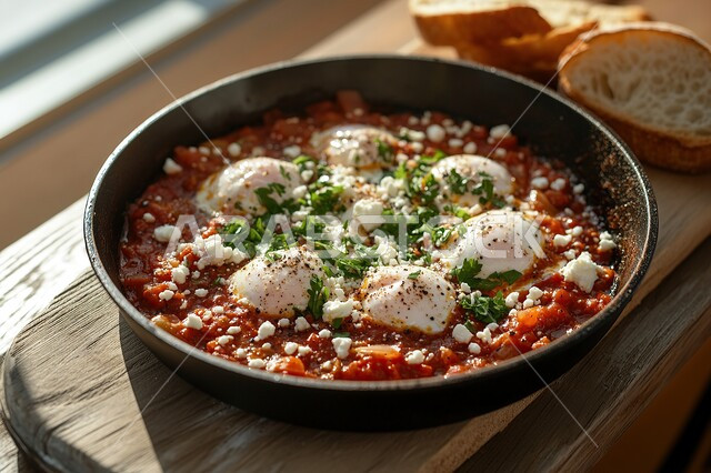 شكشوكة البيض والصلصة الحارة مع الخبز الطازج, أغذية ذات قيمة غذائية عالية, وجبات ومأكولات مغذية, وجبة فطور صباحية صحية وسريعة, طبق البيض المقلي اللذيذ المليء بالبروتينات