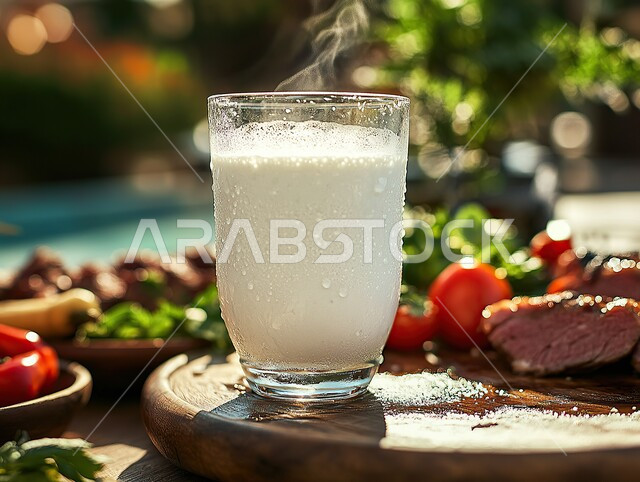 A glass of fresh nutritious milk on a wooden table next to vegetables, a healthy and quick breakfast, diet meals and foods, traditional Arabic breakfast, enjoying hot drinks