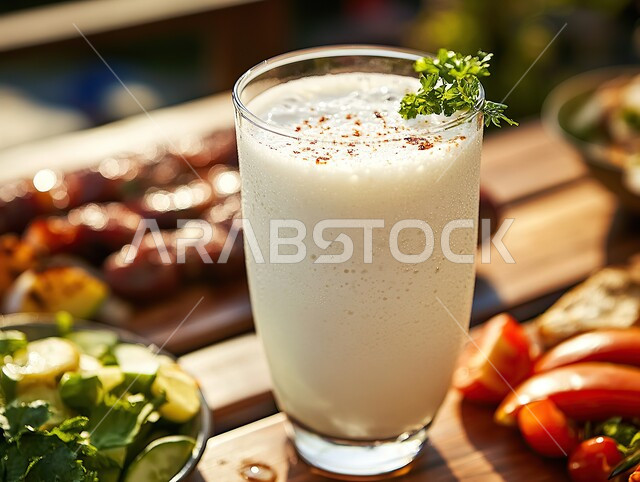 كوب من الحليب الطازج المغذي على طاولة خشبية بجانب الخضروات, وجبة فطور صباحية مفيدة وسريعة، وجبات ومأكولات للحميات الغذائية، إفطار عربي تقليدي, الاستمتاع بالمشروبات الساخنة