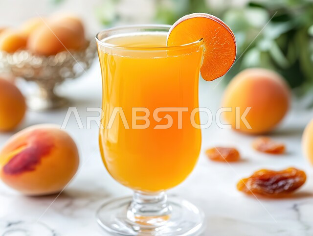 مشاريب صحية ومفيدة ومغذية، عصائر طبيعية باردة لذيذة، مشروبات فواكه موسمية منعشة، محاصيل زراعية وثمار وطنية محلية سعودية، كأس من عصير فاكهه المشمش الشهي