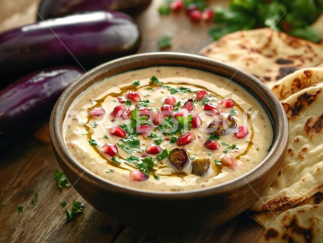 المقبلات النباتية الباردة اللذيذة، صورة مقربة لطبق من الباذنجان اللذيذ المزين بحبات الرمان والبقدونس مع الخبز، مأكولات وأطباق شعبية تقليدية، وصفات طعام عربية شرقية