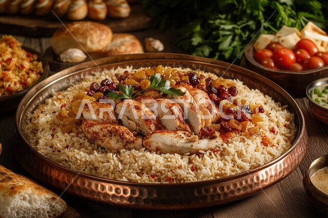 فنون تقديم الطعام في مطاعم المملكة العربية السعودية, وصفات الأطباق الشهية الساخنة, وجبات الأطعمة الشرقية اللذيذة, صورة مقربة لطبق من الأرز مزين بالدجاج المشوي الطازج, وجبة غذائية غنية بالبروتينات