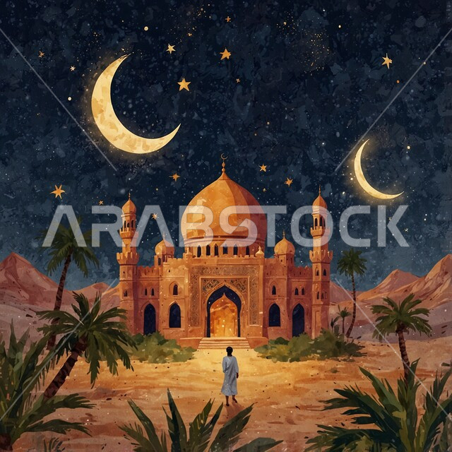 رسم توضيحي ثلاثي الأبعاد لمسجد في الصحراء ليلا, الفن الهندسي المعماري لبناء المساجد على الطراز العربي الإسلامي, التصاميم المميزة للقبب والمآذن, نداء المسلمين لأداء الفرائض والصلوات, مفهوم العبادة والتقرب إلى الله