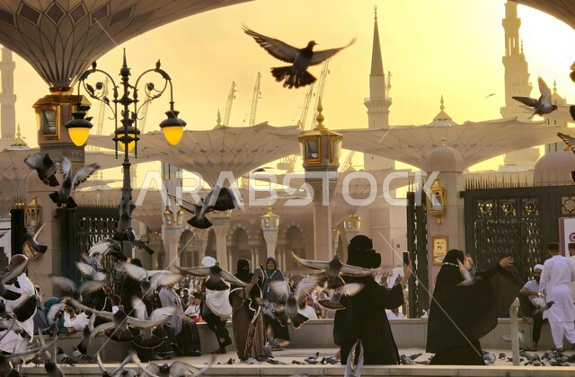 المظلات الالكترونية في ساحة المسجد النبوي الشريف في المدينة المنورة, المعالم الدينية الإسلامية المقدسة في المملكة العربية السعودية, العبادة والتقرب إلى الله تعالى, تجول المصلين في المجمع الخارجي للجامع