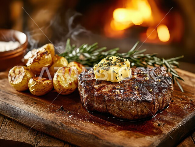 مطاعم للمأكولات العربية الشرقية، وجبة ذات قيمة غذائية عالية، أطعمة غنية بالبروتين، وصفات المطبخ السعودي الغني بالنكهات، اللحوم البقرية المشوية الشهية، صورة مقربة لستيك اللحم مع الخضار المطبوخة والتوابل على لوح خشبي، خلفية موقد نار مشتعل