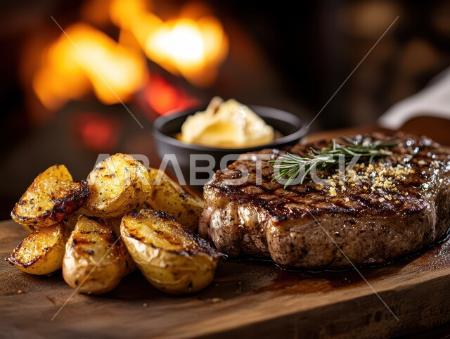 وجبة ذات قيمة غذائية عالية، أطعمة غنية بالبروتين، وصفات المطبخ السعودي الغني بالنكهات، اللحوم البقرية المشوية الشهية، مطاعم للمأكولات العربية الشرقية، صورة مقربة لستيك اللحم مع الخضار المطبوخة والتوابل على لوح خشبي، خلفية موقد نار مشتعل