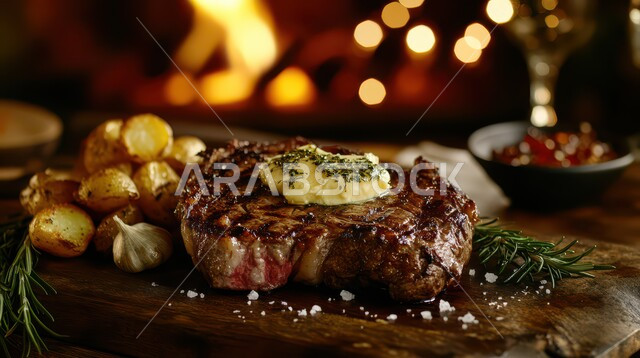 اللحوم البقرية المشوية الشهية، مطاعم للمأكولات العربية الشرقية، وجبة ذات قيمة غذائية عالية، وصفات المطبخ السعودي الغني بالنكهات، أطعمة غنية بالبروتين، صورة مقربة لستيك اللحم مع الخضار المطبوخة والتوابل على لوح خشبي، خلفية موقد نار مشتعل
