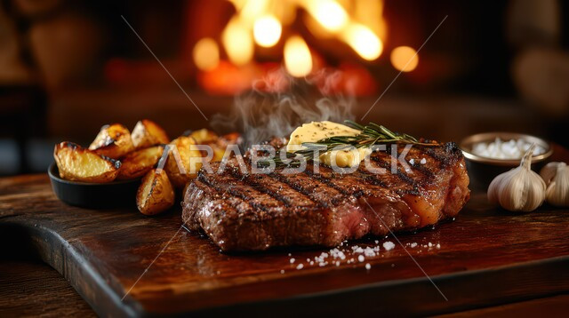 مطاعم للمأكولات العربية الشرقية، وجبة ذات قيمة غذائية عالية، اللحوم البقرية المشوية الشهية، وصفات المطبخ السعودي الغني بالنكهات، أطعمة غنية بالبروتين، صورة مقربة لستيك اللحم مع الخضار المطبوخة والتوابل على لوح خشبي، خلفية موقد نار مشتعل