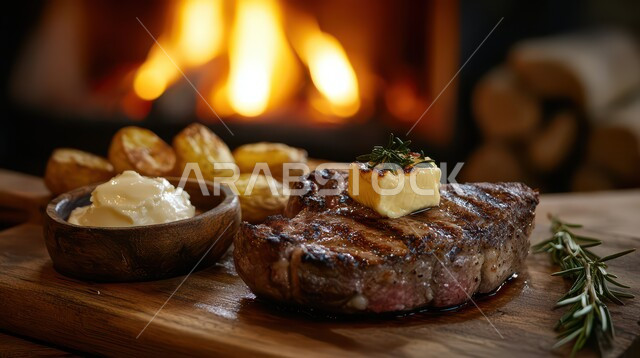 وجبة ذات قيمة غذائية عالية، مطاعم للمأكولات العربية الشرقية، اللحوم البقرية المشوية الشهية، وصفات المطبخ السعودي الغني بالنكهات، أطعمة غنية بالبروتين، صورة مقربة لستيك اللحم مع الخضار المطبوخة والتوابل على لوح خشبي، خلفية موقد نار مشتعل