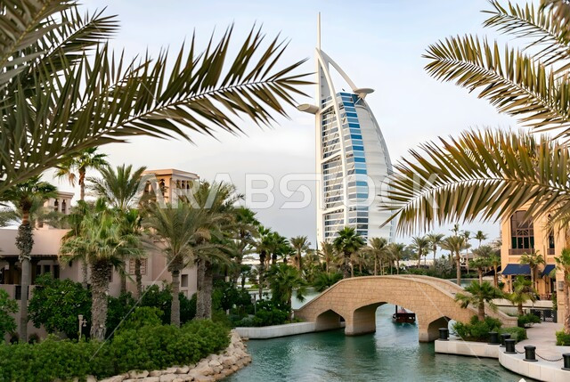 Architectural engineering art of building towers and skyscrapers, famous coastal tourist places in the United Arab Emirates, attracting and attracting tourists from all over the world, Burj Al Arab in Dubai during the day, tall buildings and structures