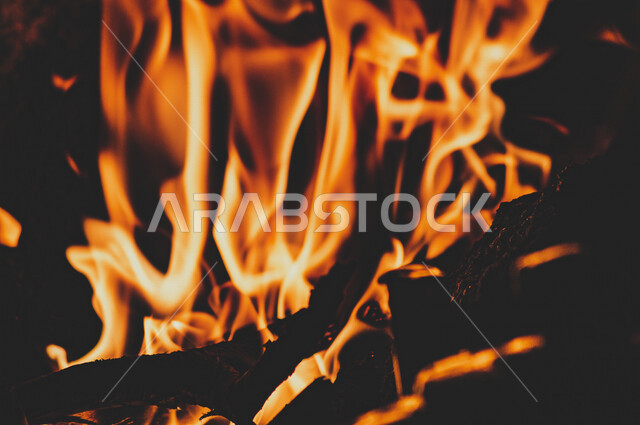 النيران المشتعلة  في الحطب ، اللهب الأحمر المشتعل في رحلة تخييم بالصحراء ، جمال الطبيعة في صحراء المملكة العربية السعودية ليلاً