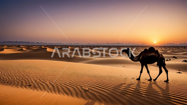 المناظر الطبيعية في الصحاري، الاهتمام بتربية الجمال والإبل، الكثبان الرملية و التضاريس في الصحراء، صورة ظلية لجمل يسير على الرمال الذهبية الناعمة في المناطق الصحراوية وقت الغروب في المملكة العربية السعودية، سالويت