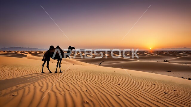 الكثبان الرملية و التضاريس في الصحراء، الاهتمام بتربية الجمال والإبل، صورة ظلية لجمل يسير على الرمال الذهبية الناعمة في المناطق الصحراوية وقت الغروب في المملكة العربية السعودية، المناظر الطبيعية في الصحاري، سالويت