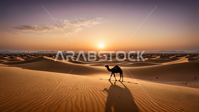 التضاريس والكثبان الرملية  في الصحراء، الاهتمام بتربية الجمال والإبل، صورة ظلية لجمل يسير على الرمال الذهبية الناعمة في المناطق الصحراوية وقت الغروب في المملكة العربية السعودية، المناظر الطبيعية في الصحاري، سالويت