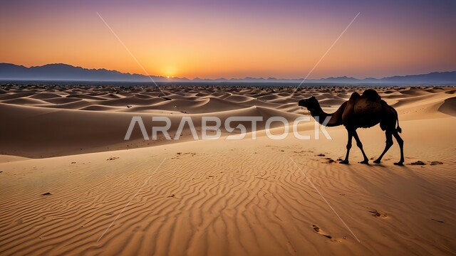 المناطق الصحراوية وقت الغروب في المملكة العربية السعودية، القمم والكثبان الرملية في الصحراء، الاهتمام بتربية الجمال والإبل، صورة ظلية لجمل يسير على الرمال الذهبية الناعمة، المناظر الطبيعية في الصحاري، سالويت