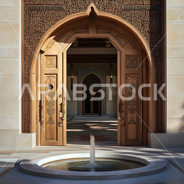 باب خشبي منحوت بالنقوش والزخارف التراثية العربية مع بركة مياه صغيرة، الفنون الهندسية المعمارية والتصاميم الاسلامية للابواب القديمه في المملكه العربيه السعودية، الابواب المصنوعة على الطراز الخشبي القديم
