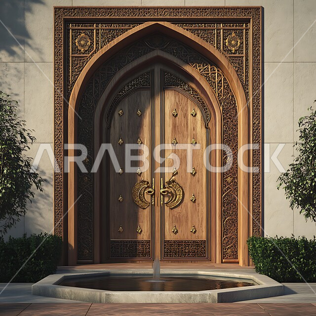 الابواب المصنوعة على الطراز الخشبي القديم، الفنون الهندسية المعمارية والتصاميم الاسلامية للابواب القديمه في المملكه العربيه السعودية، باب خشبي منحوت بالنقوش والزخارف التراثية العربية مع بركة مياه صغيرة