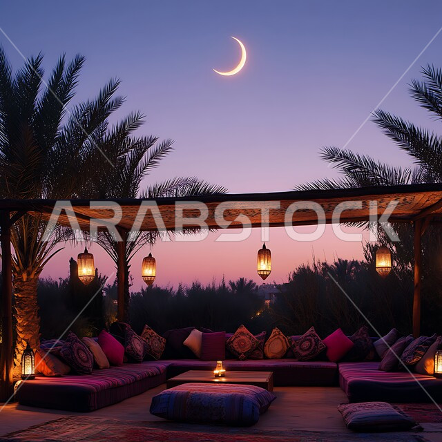 الديكورات والتصاميم الفنية الراقية، زينة واضاءة المناسبات والأعياد السعيدة في المملكة العربية السعودية، منظر الهلال المتوهج في السماء ليلا، احتفالات المسلمين بقدوم العيد، الجلسات الممتعه والهادئة وسط الطبيعة المليئة بأشجار النخيل