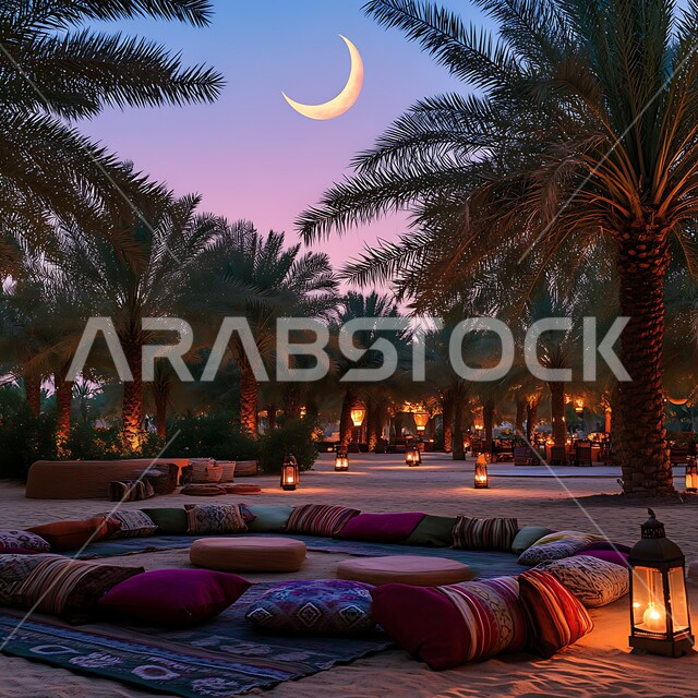 التصاميم والديكورات الفنية الراقية، زينة واضاءة المناسبات والأعياد السعيدة في المملكة العربية السعودية، منظر الهلال المتوهج في السماء ليلا، احتفالات المسلمين بقدوم العيد، الجلسات الممتعه والهادئة وسط الطبيعة المليئة بأشجار النخيل