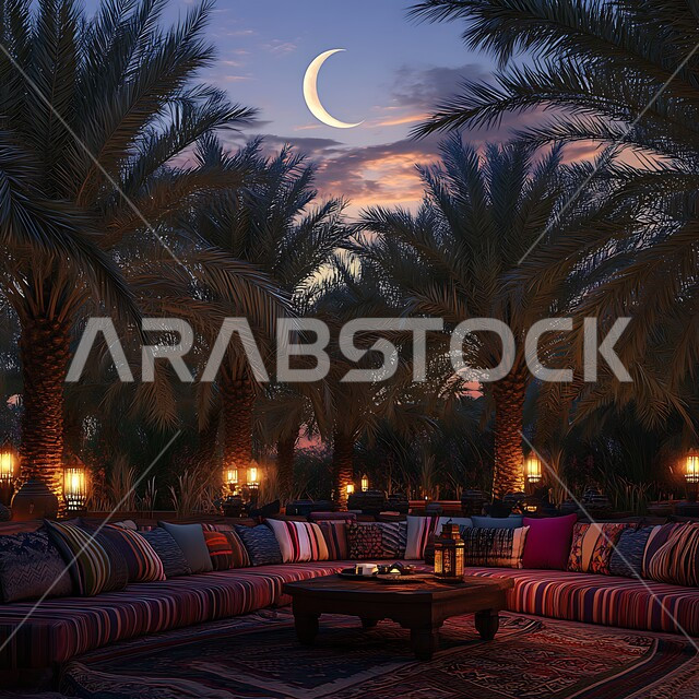 زينة واضاءة المناسبات والأعياد السعيدة في المملكة العربية السعودية، منظر الهلال المتوهج في السماء ليلا، احتفالات المسلمين بقدوم العيد، الجلسات الممتعه والهادئة وسط الطبيعة المليئة بأشجار النخيل, التصاميم والديكورات الفنية الراقية