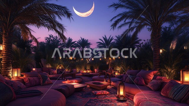 منظر الهلال المتوهج في السماء ليلا، احتفالات المسلمين بقدوم العيد، الجلسات الممتعه والهادئة وسط الطبيعة المليئة بأشجار النخيل, التصاميم والديكورات الفنية الراقية, اضاءة وزينة المناسبات والأعياد السعيدة في المملكة العربية السعودية