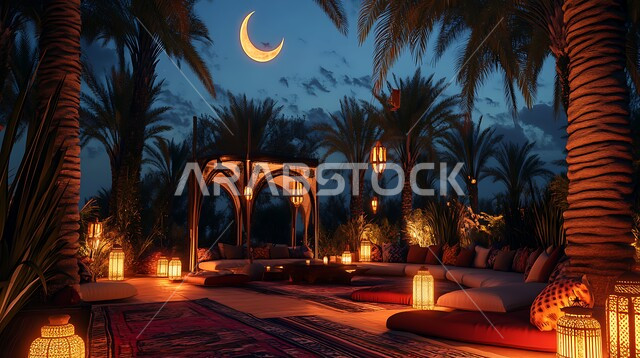 احتفال المسلمين بقدوم العيد، الجلسات الممتعه والهادئة وسط الطبيعة المليئة بأشجار النخيل, التصاميم والديكورات الفنية الراقية, اضاءة وزينة المناسبات والأعياد السعيدة في المملكة العربية السعودية, منظر الهلال المتوهج في السماء ليلا
