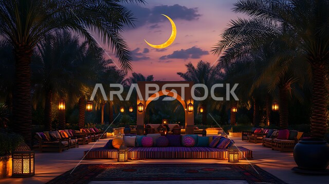 احتفالات المسلمين بقدوم العيد، الجلسات الممتعه والهادئة وسط الطبيعة المليئة بأشجار النخيل, التصاميم والديكورات الفنية الراقية, اضاءة وزينة المناسبات والأعياد السعيدة في المملكة العربية السعودية, منظر الهلال المتوهج في السماء ليلا