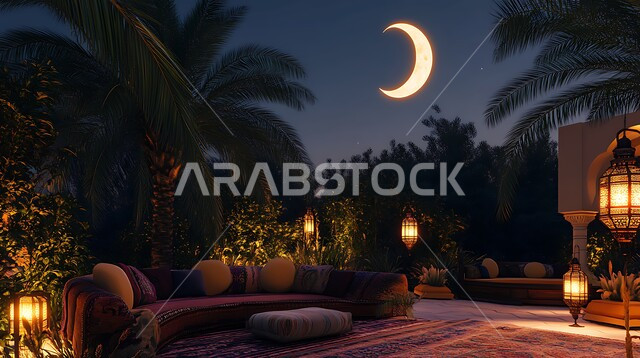 الديكورات والتصاميم الفنية الراقية, اضاءة وزينة المناسبات والأعياد السعيدة في المملكة العربية السعودية, الجلسات الممتعه والهادئة وسط الطبيعة المليئة بأشجار النخيل, احتفالات المسلمين بقدوم العيد، منظر الهلال المتوهج في السماء ليلا