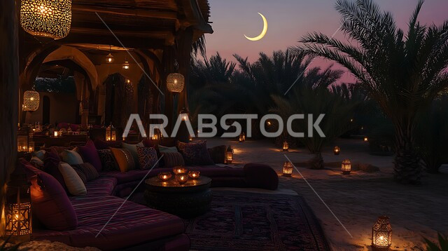 اضاءة وزينة المناسبات والأعياد السعيدة في المملكة العربية السعودية, الديكورات والتصاميم الفنية الراقية, الجلسات الممتعه والهادئة وسط الطبيعة المليئة بأشجار النخيل, احتفالات المسلمين بقدوم العيد، منظر الهلال المتوهج في السماء ليلا