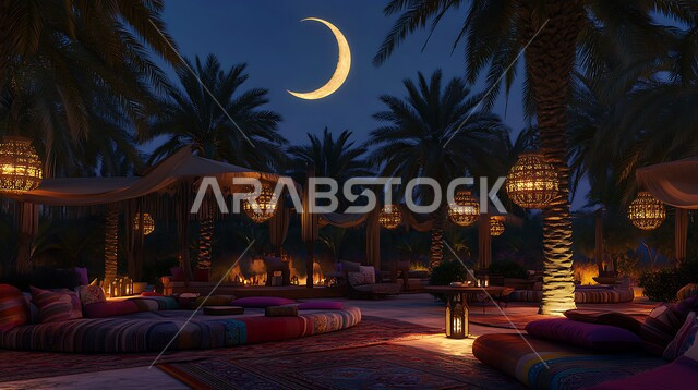 زينة واضاءة المناسبات والأعياد السعيدة في المملكة العربية السعودية, الديكورات والتصاميم الفنية الراقية, الجلسات الممتعه والهادئة وسط الطبيعة المليئة بأشجار النخيل, احتفالات المسلمين بقدوم العيد، منظر الهلال المتوهج في السماء ليلا