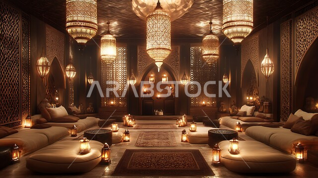 ديكورات فاخرة عريقة في المملكة العربية السعودية, التمسك بالعادات والتقاليد العربية الغنية بالثقافة القديمة, الفن الهندسي المعماري على الطراز التقليدي, أثاث ومقاعد منخفضة ووسائد فخمة، الفوانيس والمصابيح المعدنية مزخرفة المضيئة 