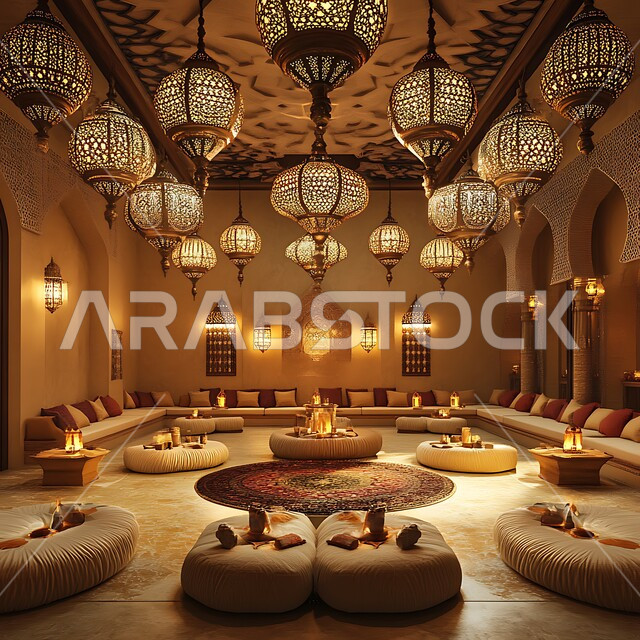 التمسك بالعادات والتقاليد العربية الغنية بالثقافة القديمة, ديكورات فاخرة عريقة في المملكة العربية السعودية, الفن الهندسي المعماري على الطراز التقليدي, أثاث ومقاعد منخفضة ووسائد فخمة، الفوانيس والمصابيح المعدنية مزخرفة المضيئة 