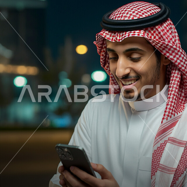 Using modern technology devices, close-up of a smiling young Saudi Arabian Gulf man wearing traditional thobe and shemagh holding a mobile phone in his hand, conversations and chats with family and friends, browsing social media sites