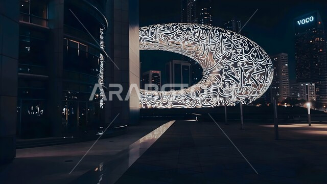 رؤية مستقبلية إماراتية، متحف المستقبل في إمارة دبي في الليل، الفن الهندسي المعماري للأبراج وناطحات السحاب على الطراز الحديث، التصاميم والديكورات المتميزة، الأماكن والمعالم السياحية المشهورة في الإمارات العربية المتحدة