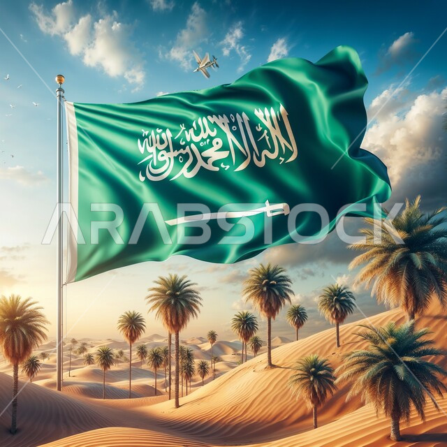 Celebrating national holidays and occasions, Remembering Saudi National Day September 23, Commemorating Flag Day March 11, The flag of the Kingdom of Saudi Arabia fluttering in the desert, The concept of pride and honor for the homeland, The view of the hills and sand dunes in the desert areas