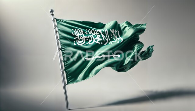 Celebrating national holidays and occasions, remembering Saudi National Day September 23, commemorating Flag Day March 11, the flag of the Kingdom of Saudi Arabia waving, the concept of pride and honor for the homeland, gray background