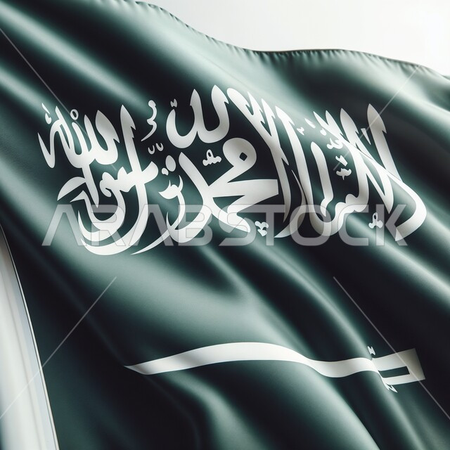 استذكار اليوم الوطني السعودي 23 سبتمبر, الاحتفال بالأعياد والمناسبات الوطنية, ذكرى يوم العلم 11 مارس, صورة مقربة لعلم المملكة العربية السعودية يرفرف, مفهوم الاعتزاز والفخر بالوطن, خلفية رمادية
