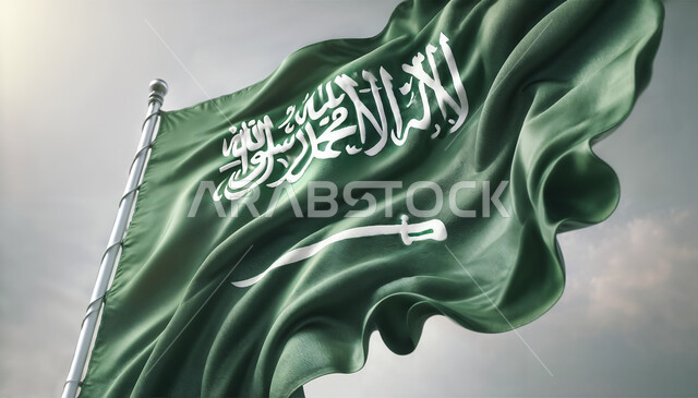 Celebrating national holidays and occasions, remembering Saudi National Day September 23, commemorating Flag Day March 11, close-up of Saudi Arabia flag waving, concept of pride and national pride, gray background