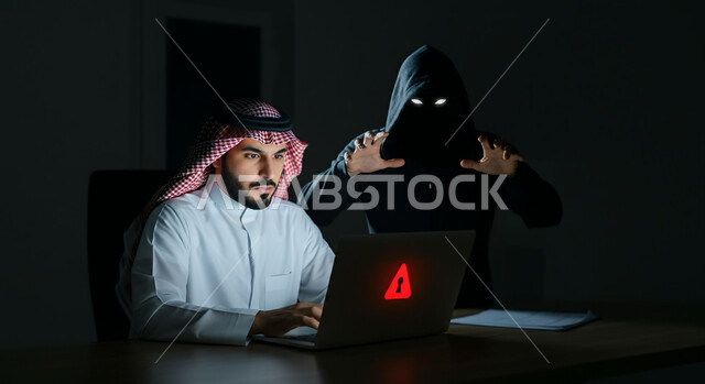 Hacking protection, security and privacy of users, concept of maintaining electronic security system, exposure to technical attack, close-up of a Saudi Arabian Gulf man wearing traditional thobe and shemagh using laptop, background of a masked hacker man