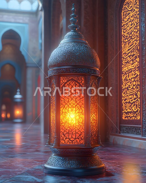 زينة و ديكورات و أنوار الاحتفالات بالمناسبات و الأعياد الدينية الإسلامية, البهجة بقدوم رمضان المبارك, أضواء و مصابيح عربية تقليدية, الاستعداد لاستقبال الشهر الفضيل، فانوس عربي معدني مزخرف مضيء، الأجواء الروحانية في الأيام الفضيلة