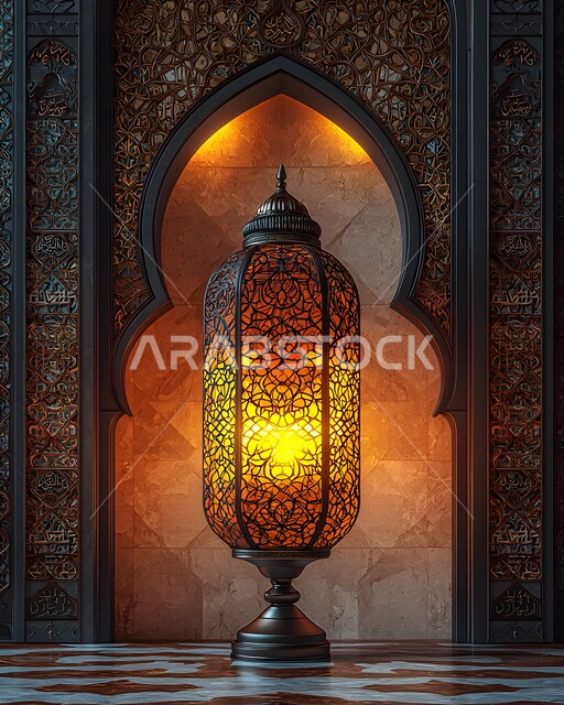 فانوس عربي معدني مزخرف مضيء, الأجواء الروحانية في الأيام الفضيلة, زينة و ديكورات و أنوار الاحتفالات بالمناسبات و الأعياد الدينية الإسلامية, البهجة بقدوم رمضان المبارك, أضواء و مصابيح عربية تقليدية, الاستعداد لاستقبال الشهر الفضيل