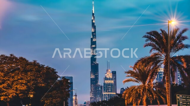 Modern architectural art of commercial and residential buildings and facilities, urban growth and development of towers and skyscrapers in Dubai, Burj Khalifa in the United Arab Emirates, places of attraction and attraction of tourists from all over the world, famous tourist attractions