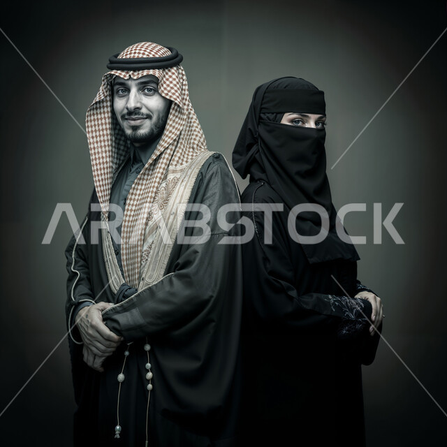 الوقوف بتعابير الثقة بالنفس, مفهوم الترابط الأسري, الالفة والمحبة بين العائلة, بورتريه لرجل عربي خليجي سعودي يرتدي الثوب التقليدي والشماغ يقف مع زوجته وينظران إلى الكاميرا بإيماءات السعادة والسرور, خلفية رمادية