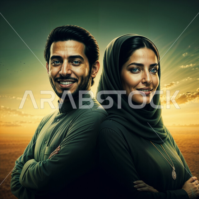 النظر إلى الكاميرا بإيماءات السعاد والسرور, مفهوم الترابط الأسري, الالفة والمحبة بين العائلة, صورة مقربة لرجل عربي خليجي سعودي يرتدي الثوب التقليدي يقف مع زوجته باستقامة واعتدال وأيدي متقاطعة, خلفية السماء